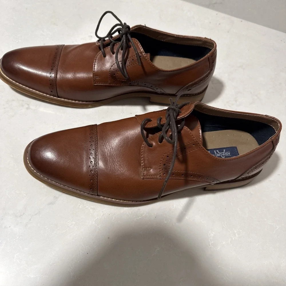 Ashford & Hays Mens Brown Leather Cap Toe Oxford Dress Shoes Size 10